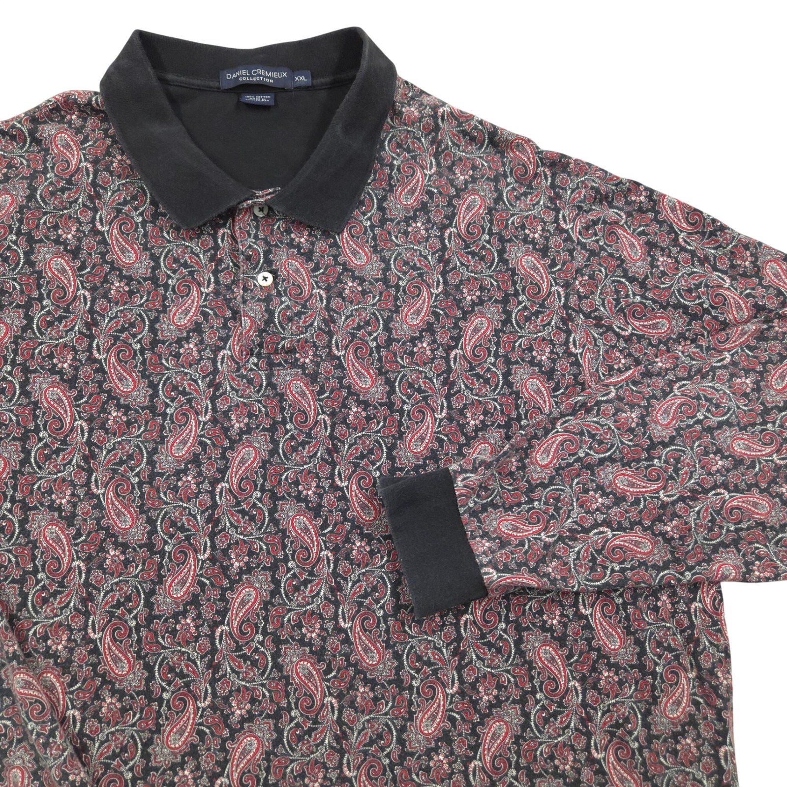 Daniel Cremieux Paisley Knit Long Sleeve Polo Shirt Black Red Cotton Mens Xxl